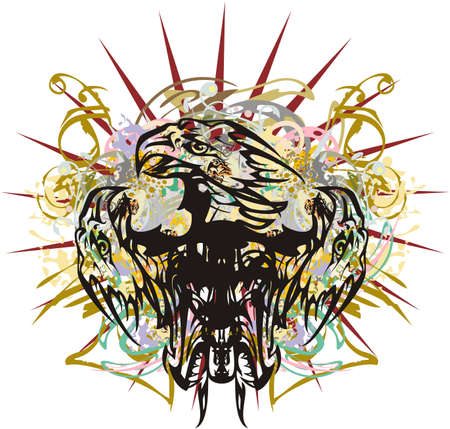 Colorful splattered three-headed eagle symbol. Fear-inspiring eagle heads with gold and colored floral and decorative elements on a white background for your creative ideasのイラスト素材