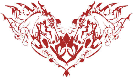 Linear horse heart on a white backdrop. An abstract elegant symbol of the red heart formed by the heads of horses for holidays and events, prints, textiles, wallpapers, etc.のイラスト素材