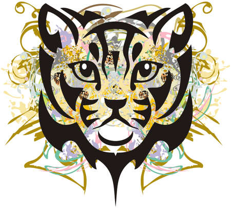 Cat head symbol colorful splashes. Close-up the cat's head against the background of colored decorative floral splashes and golden elements for posters, wallpaper, cards, textiles, prints, etc.のイラスト素材