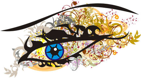 Ornamental floral eye symbol splashes. Grunge blue eye with twirled floral and golden decorative elements for wallpaper, posters, festival mask, tattoo, prints on T-shirts, textile, etc.のイラスト素材