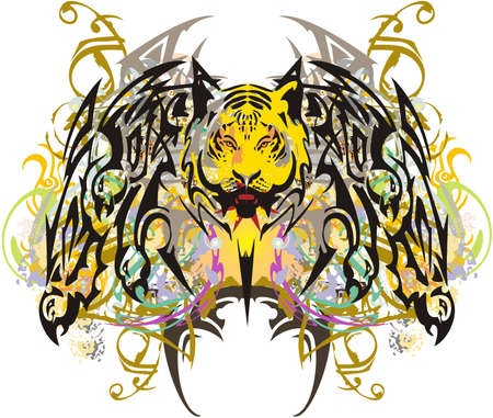 Unusual butterfly with falcon elements and tiger head. Grunge butterfly wings with floral and golden elements for wallpaper, textile, fashion trends, posters, tattoos, prints, etc.のイラスト素材