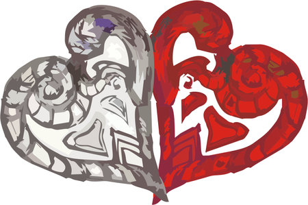 Two ornamental hearts in red and gray colors. Flaming heart as a symbol of love in two versions for holidays and events, textiles, postcards, emblems, stickers, tattoos, prints, etc.のイラスト素材
