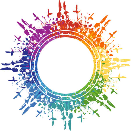 Rainbow circle splashes. Abstract frame with colored floral elements in the form of a circle on a white background for your creative ideas, holidays of events, etc.のイラスト素材