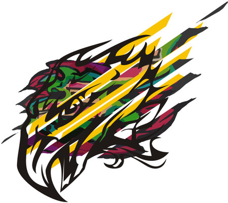 Colored eagle head symbol on a white backdrop. Dynamic striped eagle symbol for your creative ideas, emblems, wallpaper, posters, tattoo, textiles, prints on T-shirts, etc.のイラスト素材