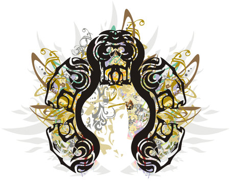 Decorative lion heads frame colorful floral splashes. An abstract frame like a horseshoe formed by lion heads with golden and floral elements for holidays and eventsのイラスト素材