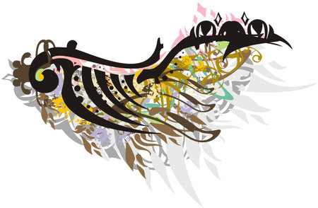 Colorful wing splashes on the white. Elegant skeleton wing, formed by splashes of feathers, floral and golden motifs, decorative elements for your ideas, prints, tattoos, textile, wallpaper, etc.のイラスト素材