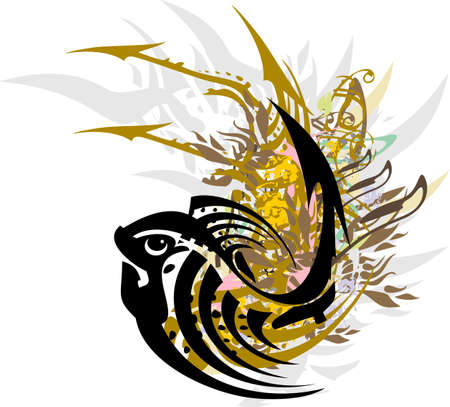 Symbol of fish with golden arrows and elements of gray feathers. Twisted fish symbol with colored and golden floral splashes for prints, emblems, wallpaper, cards, tattoo, textiles, etc.のイラスト素材