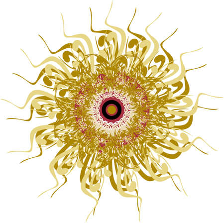Abstract twirled golden flower on a white backdrop. Beautiful flower, similar to the sun for backgrounds and textures, prints on T-shirts, textiles, postcards, wallpaper, etc.のイラスト素材