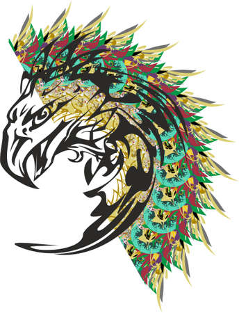 Colorful eagle head symbol floral and feathers splashes. Awful eagle head in green, dark red and golden tones for your creative ideas, prints on T-shirts, textile, tattoos, posters, wallpaper, etc.のイラスト素材