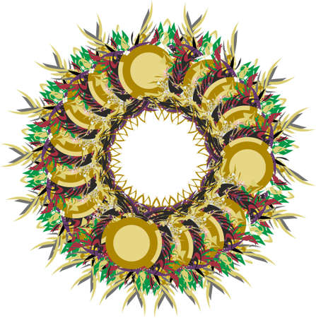 Wreath floral splashes on white. Splattered detailed frame with elements of feathers and circles for holidays and events, backgrounds and textures, prints, textiles, invitation cards, wallpaper, etc.のイラスト素材