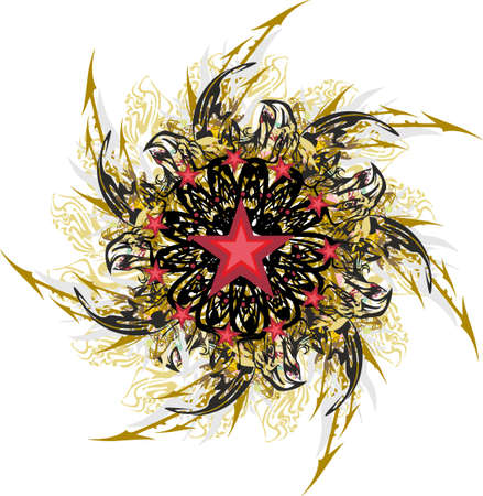 Colorful star with eagle and arrows splashes. An abstract star formed by eagle heads with red asterisks, floral motifs and feather elements for holidays and events, prints, wallpapers, tattoos, etc.のイラスト素材