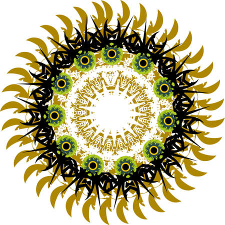 Ornate circle with green eyes elements. Abstract colored circle with a star in the center can be used for textiles, wallpaper, sports games, prints, emblems, tattos, cards, stikers, etc.のイラスト素材