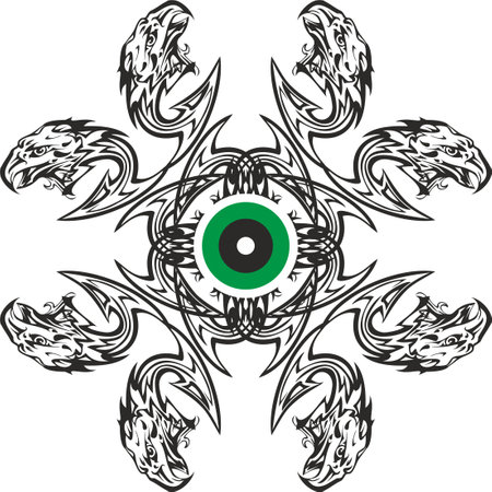 Green eye concept created by eagle heads. An abstract eye symbol with flaming eagle heads can be used as a decorative element, for embroidery, tattoos, emblems, web icons, textiles, etc.のイラスト素材