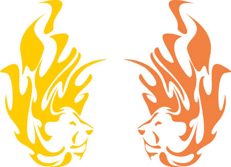 Lion head icon in the form of fire for emblems or logos - two options. Flammable symbol in the form of a lion's head for your creative ideas, prints, embroidery, graphics on the vehicle, tattoo, etc.のイラスト素材