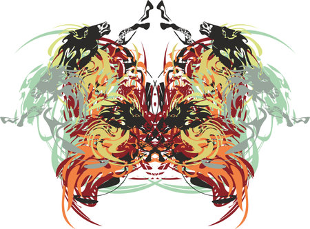 Colorful butterfly wings with running horse patterns on white. A bright butterfly formed by horse splashes for greeting cards, prints, textiles, decor, wallpaper, etc.のイラスト素材