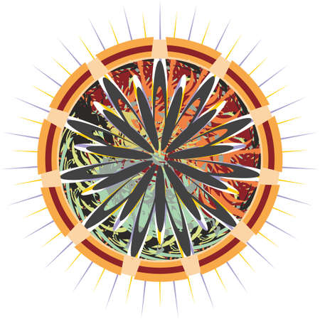 Beautiful colored circle with flower inside for holidays and events. Retro circle, similar to a compass for travel, emblems, backgrounds and textures, prints, textiles, emblems, tattoos, etc.のイラスト素材