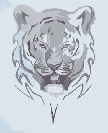 Beautiful white tiger head on a blue background. Symbol of tiger head in gray tones for embroidery, logos, prints and textiles, wallpaper and stickers, etc.のイラスト素材