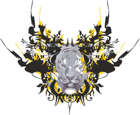 Roaring white tiger head against ornamental butterfly wings. Decorative symbol of tiger head in gray tones for backgrounds and textures, prints on T-shirts, textiles, wallpaper and stickers, etc.のイラスト素材
