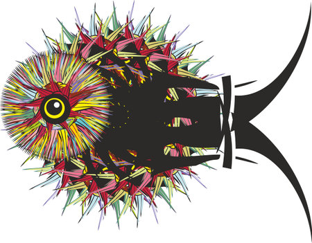 Colorful rainbow twirled fish symbol created by star elements on white. Abstract bright fish icon for business concept, textiles, prints, restaurant menu, tattoos, wallpaper, stikers, etc.のイラスト素材