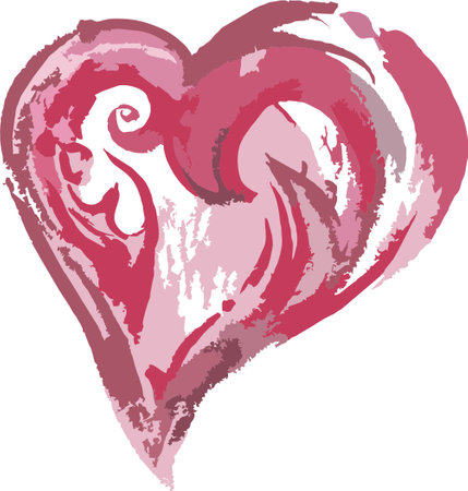 Grunge decorative heart symbol in pink and dark red tones for holidays and events. Dark red and violet symbol of love with twirled patterns for background and textures, prints and textiles, emblemsのイラスト素材