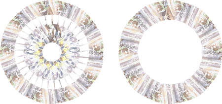 Colored wood frames in pastel tones. Frames in the form of a circle, similar to a kaleidoscope for business concepts, background and texture, prints and cards, textiles and wallpaper, etc. Two optionsのイラスト素材