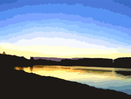 Night landscape for backgrounds and textures. A gloomy calm river motif for wallpaper and prints, covers, fabric products, postcards, etc. Sunset on the beach. Vector illustrationのイラスト素材