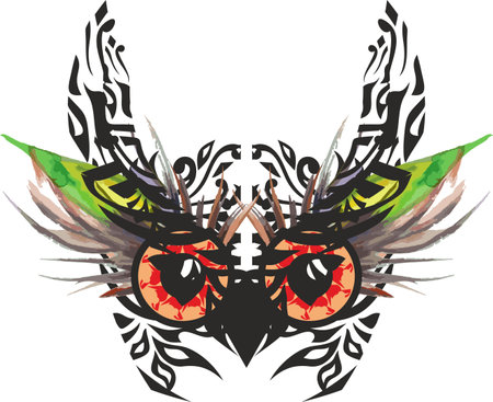 Scary owl mask like a warrior for your designs. Grunge wisdom symbol on a white background for Halloween, carnival masks, tattoo, prints on T-shirts, posters, emblems, textiles, logos, wallpaper, etc.のイラスト素材