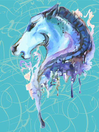 Watercolor horse head splashes on a light blue background. Colorful grunge wavy horse symbol for textiles or prints, covers, posters, backgrounds and textures, wallpaper, fabric products, etc.のイラスト素材