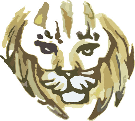 Cute lion cub head in golden tonality for textiles or prints. Grunge lion head symbol on a white background for tattoos, logos, emblems, labels, covers, embroidery, wallpaper, fabric products, etc.のイラスト素材