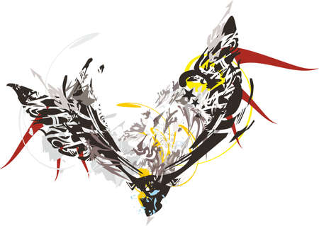 Ornamental heart with horse and wings elements on white. Black heart as a frame in gray-yellow-dark red tones for textiles, wallpaper and posters, postcards, prints on T-shirts, fabric products, etc.のイラスト素材