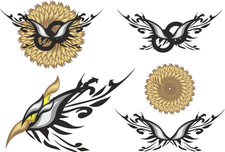 Sunflower, butterfly, eagle head icons on a white background for your design. Floral collection, formed by gold and silver leaf elements for textiles, prints, web icons, logos, emblems, decorationsのイラスト素材
