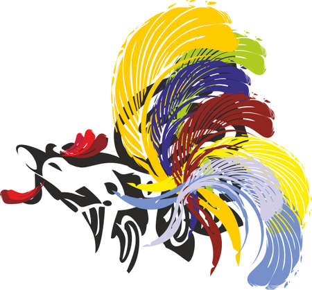 Cock symbol colorful splashes on white for your design. Multicolor ornate rooster symbol for logos, tattoos, holidays and events, web icons, fabric products, prints, textiles, wallpaper, emblems, etc.のイラスト素材