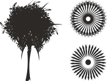 Circle icons and tree symbol on white. Abstract tree silhouette with lush crown and round elements like a flower for logos, textiles or prints, fabric, decor, emblems, embroidery, engraving, etc.のイラスト素材