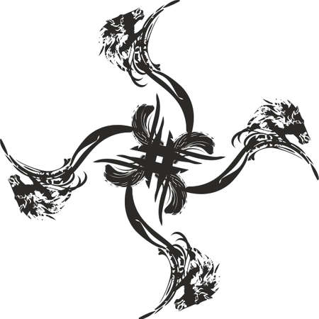 Wavy black-white horse cross for your design. Horse heads cross for tattoos, logos, emblems, web icons, embroidery, engraving, fabric products, prints, textiles, decals, etc. black on whiteのイラスト素材