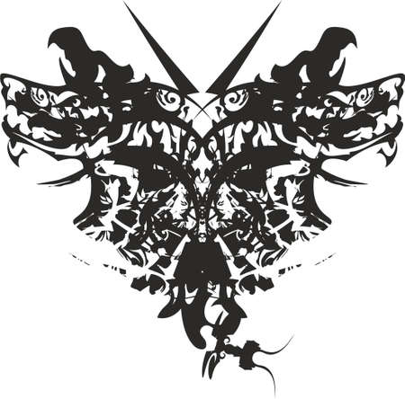 Black-white dangerous butterly wings for your creative ideas. Grunge scary butterfly wings with an unusual distressed wolf pattern for fabric, prints, textiles, wallpaper, fashion trends, poster, etc.のイラスト素材