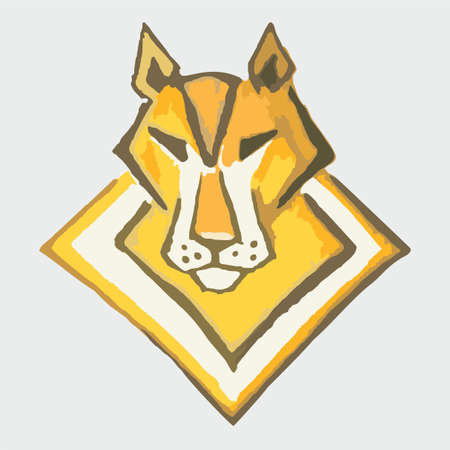 Grunge laconic wolf icon in yellow-orange tonality on a light gray backdrop. Howling wolf head symbol for emblems, embroidery, prints, interior solutions, fabric, textiles, logos, fashion trends, etc.のイラスト素材