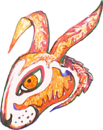 Colorful hare head on a white backdrop for your creative ideas. Orange-pink detailed cute rabbit head for decorative compositions, Easter, interior and textile solutions, wallpaper, print, cards, etc.のイラスト素材