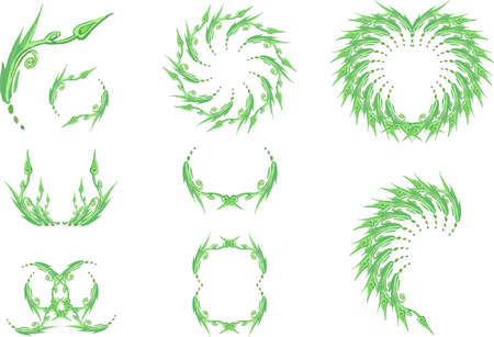 Green floral element and frames from it for holidays and events. Beautiful leaves and frames for fabric, wallpaper, textiles, fashion trends, prints, logos, emblems, embroidery, web icons, cards, etc.のイラスト素材