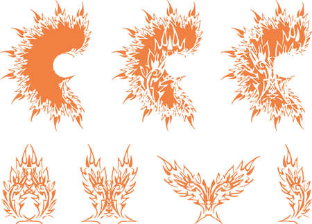 Fire elements on white for web icons or textiles. Twisted flaming symbols for fabric, logos, emblems, decorative compositions, wallpaper, prints on T-shirts, fashion trends, etc. orange and whiteのイラスト素材