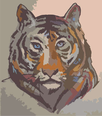 White tiger head on a gray-pink background for interior solutions. Grunge predator for prints on T-shirts, textiles, fashion trends, covers, fabric products, sport emblems, wallpaper, etc.のイラスト素材
