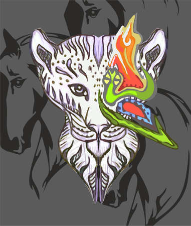 Snow leopard and colorful butterfly wing with snake element. Grunge snow leopard symbol for prints, textiles, fashion trends, interior solutions, cover, wallpaper, tattoos, card, posters, fabric, etc.のイラスト素材