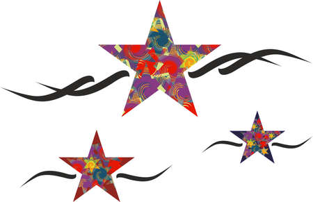 Festive star symbols on a white backdrop. Multicolored symbols of stars with spiral elements inside - three options for holidays and events, web icons, prints, textiles, fabrics, logos, fashion, etc.のイラスト素材