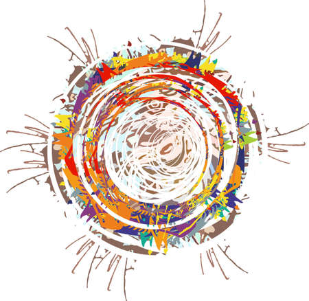 Colorful frame with circles and linear patterns on white. Color bursts and interweaving of lines - an abstract natural symbol, similar to the wave, for fashion trends, logos, textiles, prints, etc.のイラスト素材