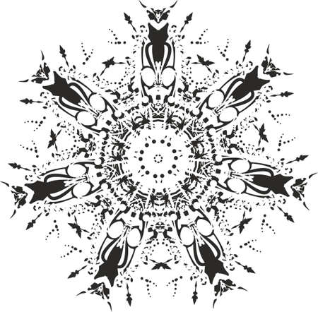 Black-white snowflake with floral and insect motifs for holidays or events. Abstract flower-shaped radial figure as lace for prints, textiles, fabric, tattoos, fashion, wallpaperのイラスト素材