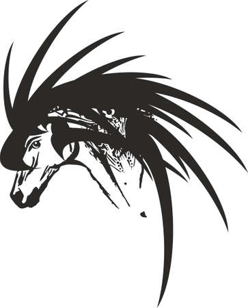 Tribal horse head symbol in black-white tones for your design. Flaming dangerous stallion symbol for tattoos, prints, fabrics, fashion trends, wallpaper, web icons, embroideryのイラスト素材