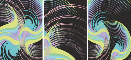 Wavy multicolor beautiful backgrounds with spiral elements. Futuristic triptych with blurred lines...
