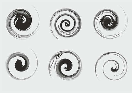 Black spiral icons on a gray background for your creative ideas. Vortex trendy shapes for prints on T-shirts, fabric products, textiles, fashion, cover, logos, emblems, labels, webのイラスト素材