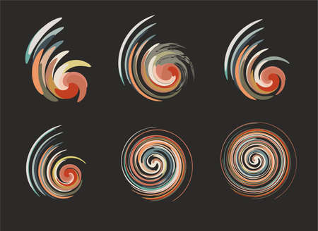 Decorative colorful spiral elements on a black backdrop for your designs. Geometric shapes for business concepts, interior or architecture solutions, fashion, logos, print, textileのイラスト素材