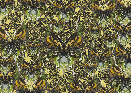Tropical floral motifs with colorful butterfly wings for textiles or prints. Luxury summer...