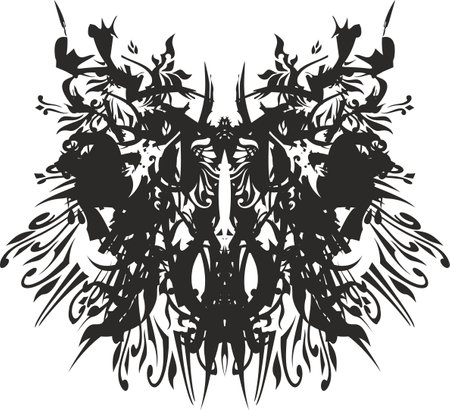 Dangerous butterfly wings in black-white tones for shield emblems or tattoos. Gothic linear butterfly for fabric, web icons, print, textile, interior, fashion, graphics on vehiclesのイラスト素材